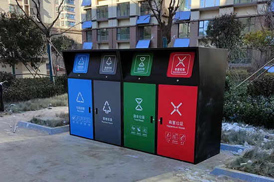 小区安装四分类垃圾桶罩，垃圾分类亭